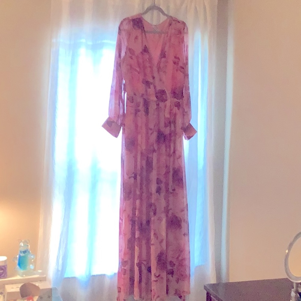 Pink floral long sheer dress with lining.